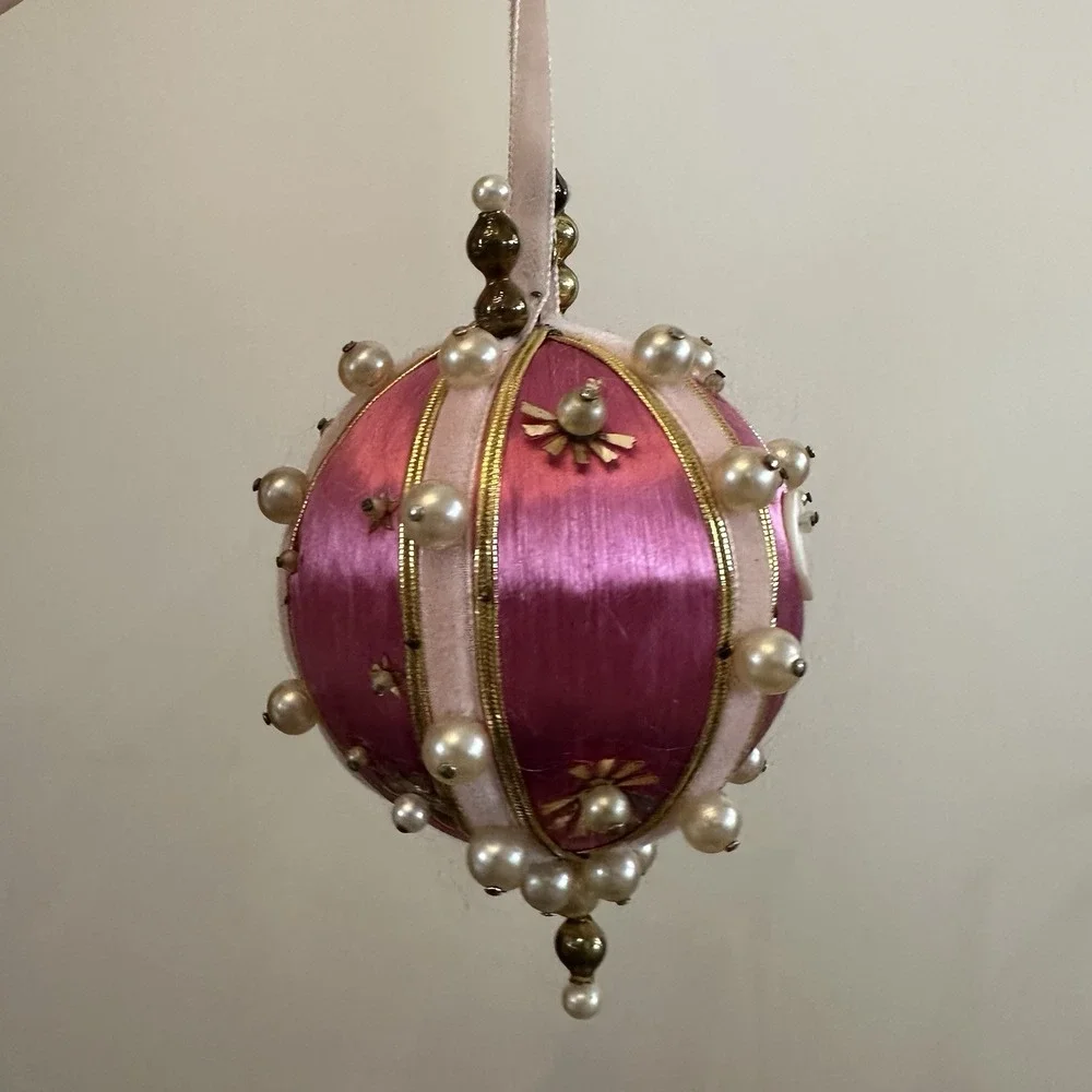 Set Of 3 Christmas Ornaments Push Pin Satin Beaded‎ Angel Pink Green 4